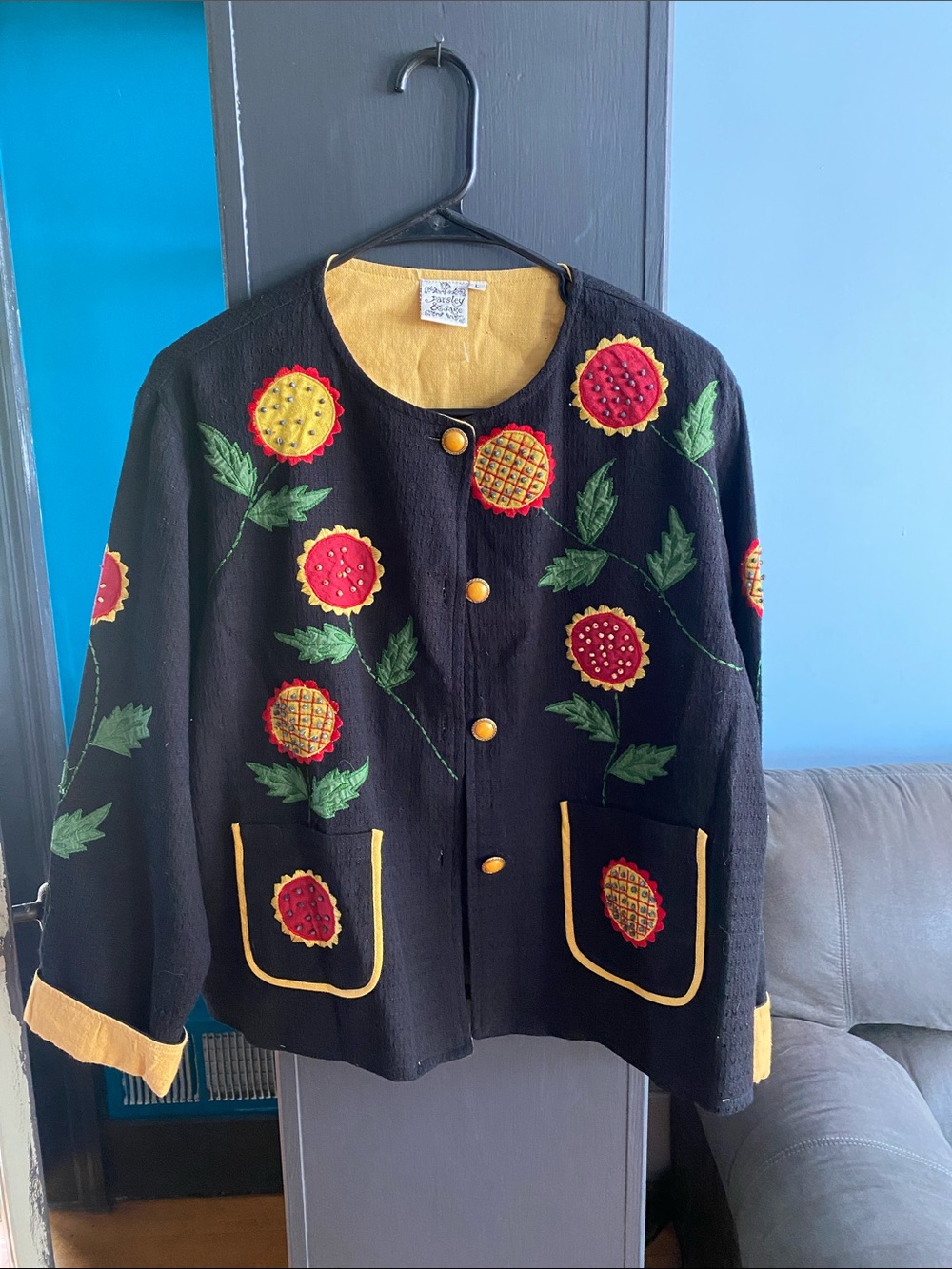 Parsley & Sage Black Embroidered Sunflower Floral Jacket with Yellow Trim